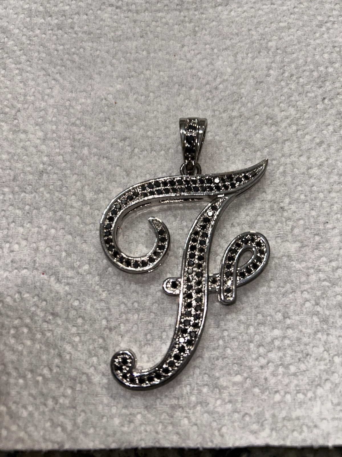 Silver Tone Script Large Initials with Black Rhin… - image 4