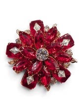 Vintage Layered Red Inlaid Clear Rhinestone Gold Tone Flower Brooch Pin Unsigned