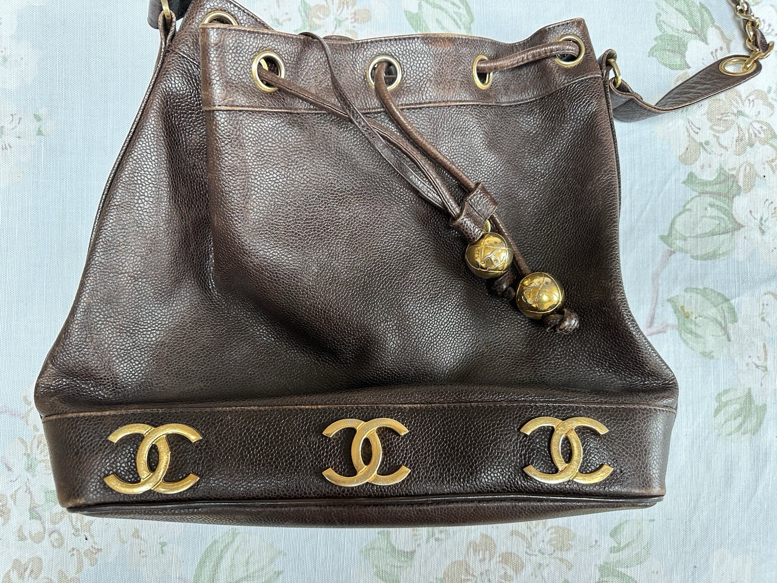 Chanel Gabrielle Bucket Bag Brown Leather CC gold chain