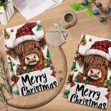 2pcs Festive Highland Cow Christmas Kitchen Towels Set for Holiday Kitchen Decor