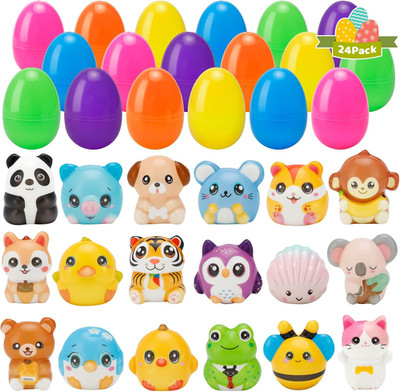 24 Pack Easter Eggs with Cute Squishy Animal Toys, Colorful Fillable Plastic Egg