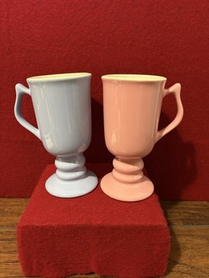 Vintage Hall Pedestal Coffee Mugs Set Of Two 1 Pink & 1 Blue USA Made