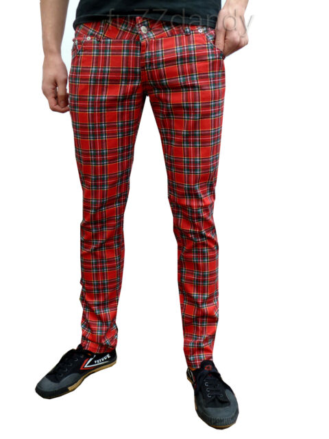 Mens Drainpipes Mens Trousers Skinny Jeans vtg 80s 60s indie mod Red Tartan punk