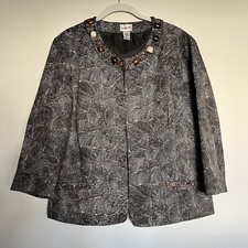 Chico's Womens Jacket Blazer Sz 3 Black Swirl Print 3/4 Sleeve Jeweled Neckline