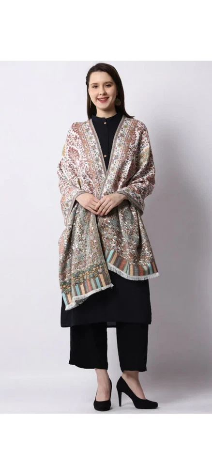 Mantón bordado cachemir 80"x40" para mujer Jamwar meditación lana manta a rayas Foto 3 de 4