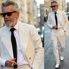 Cream Men's Suits Seersucker Peak Lapel Wedding Groom 2 Pieces Tuxedos Slim Fit