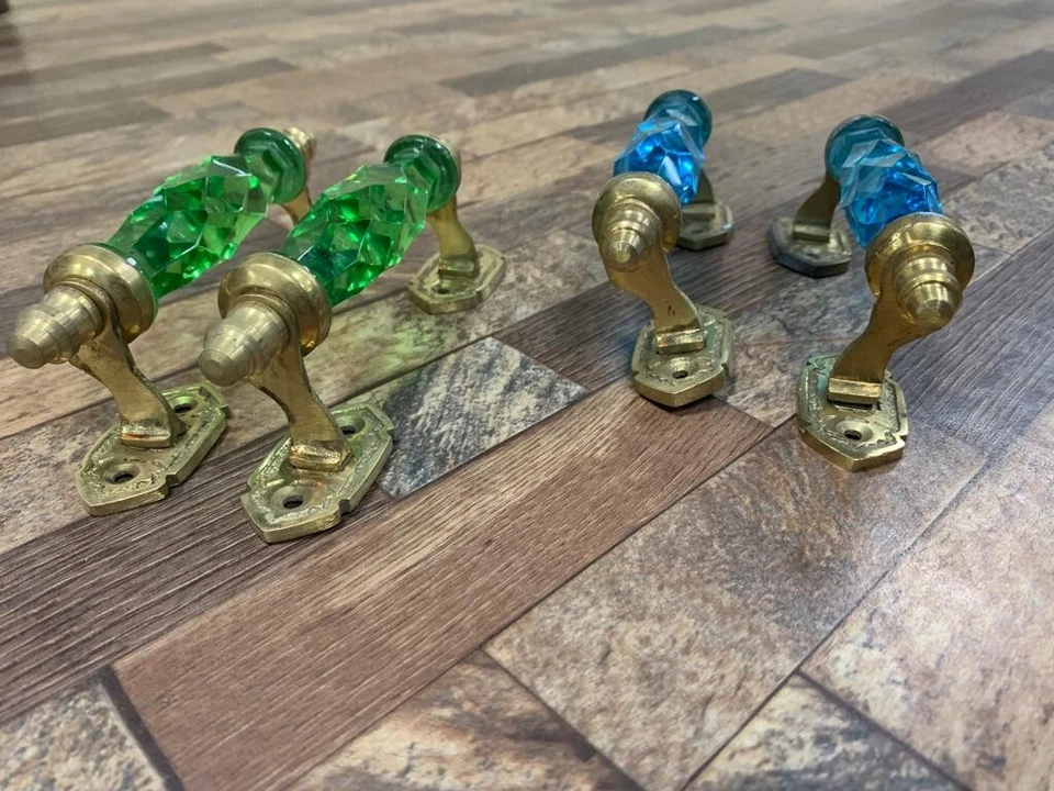 Manija de puerta de latón de vidrio verde y azul cortado cristal/cortado estilo antiguo de 5,5"" 4 piezas Foto 3 de 4