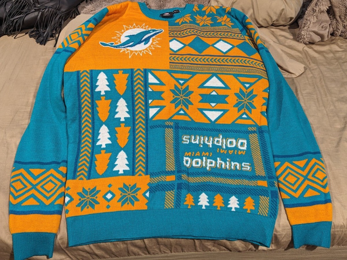 NFL Gear Miami Dolphins Patches Ugly Sweater, Green, Large eBay