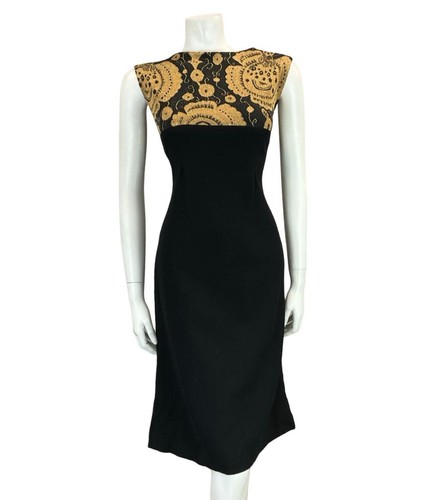 VTG 60S MOD PARTY FORM FITTING BLACK GOLD PSYCHEDELIC FLORAL SLEEVELESS DRESS 14 - Picture 2 of 6
