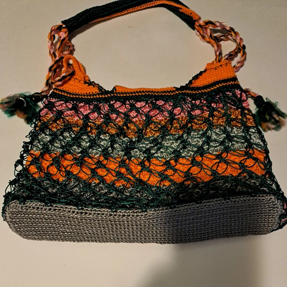  Bolso Cartera Malla Ganchillo Borla CORDÓN 9" HECHO A MANO Foto 3 de 4