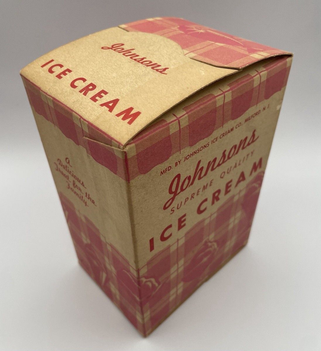 Vintage Johnsons Supreme Quality Ice Cream Pink Cardboard Carton