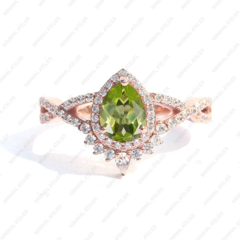 Грушевидная форма перидот вечность кольцо, 925 серебро позолоченное обручальное женское кольцо - Изображение 2 из 3