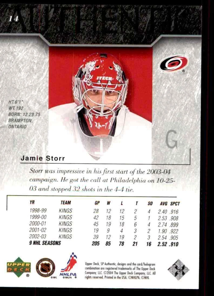 2003-04 SP Authentic Jamie Storr #14 - Image 2 of 2