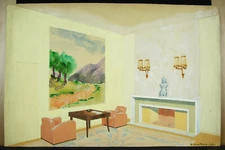 E Mathys 1949 Original Watercolor Drawing Interior and Table 49 cm