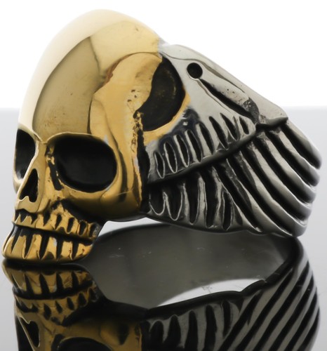 Winged Biker Skull Gold overlay Stainless Steel Men's Ring Size 12 T58 - Picture 6 of 6