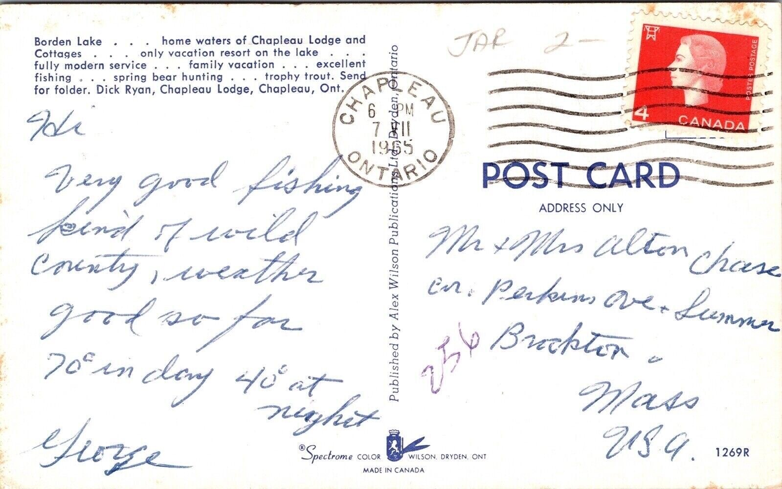 Borden Lake Chapleau Lodge Cottages Ontario Canada Postcard PM Cancel