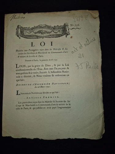LOI 1791 MAITRISES JURANDES ARTS ET METIERS PARIS SIX CORPS LOUIS XVI REVOLUTION