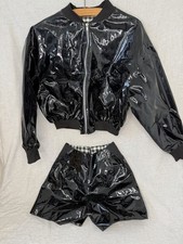 Chaqueta y pantalones cortos de vinilo charol negro talla pequeña algodón franela cuadros años 90 Y2K