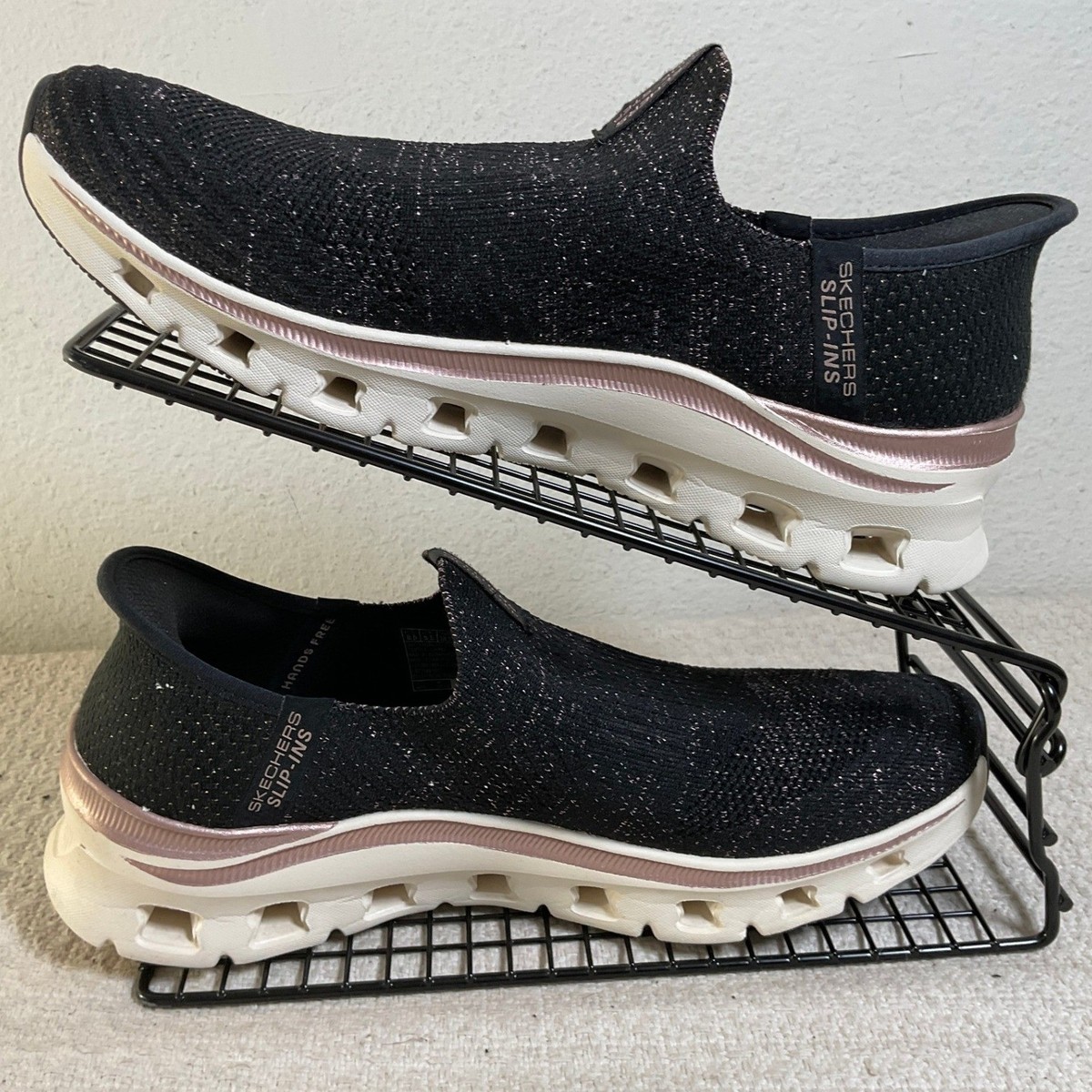 Skechers Slip-Ins Glide-Step Sparkle Black Rose Gold Womens 8.5 