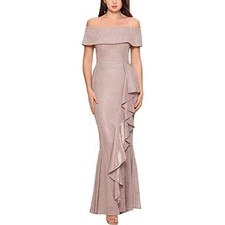 Betsy Adam Shimmer Off Shoulder Evening Gown Champagne Formal Ruffle Dress