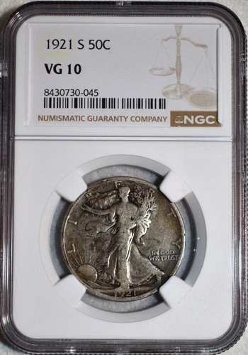 NGC VG-10 1921-S Walking Liberty Half Dollar, Richly Hued, Key-Date.