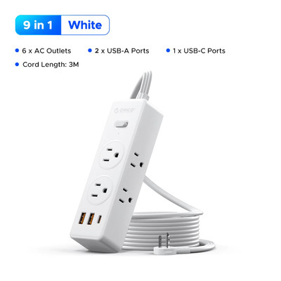 ORICO Power Strip Surge Protector5/10' Extension Cord 6 Outlets 2USB Ports 1USBC