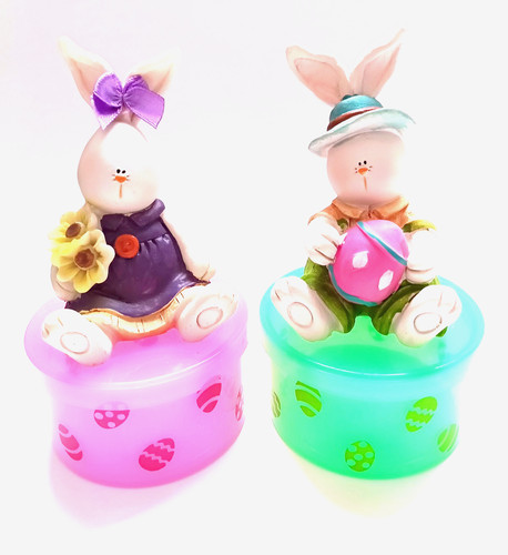 Bunny Rabbits on Treat Boxes Boy & Girl Sitting Resin Removable Lids 5" Tall