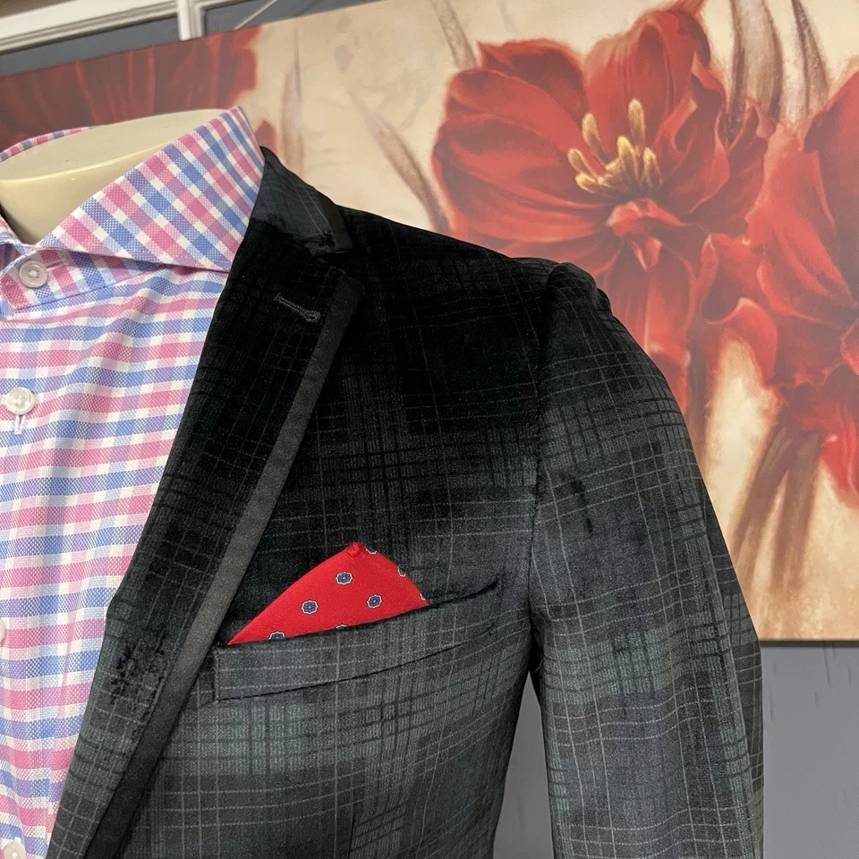 Chaqueta de comedor de terciopelo gris y cachemir para hombre 36R calce ajustado poliéster verde/negro Foto 4 de 4