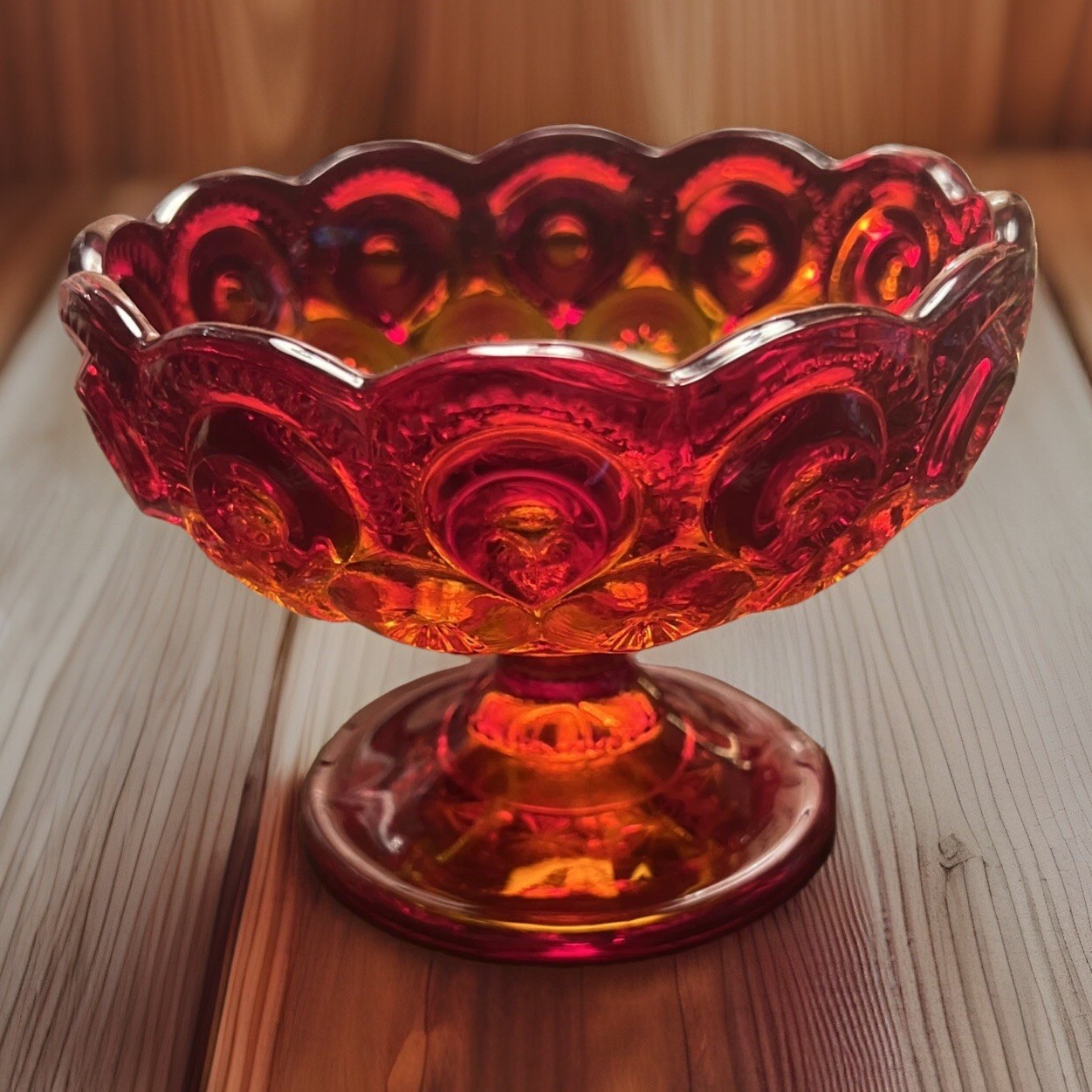 Vintage L.E Smith Small Red Amberina Moon and Stars Pedestal Dish
