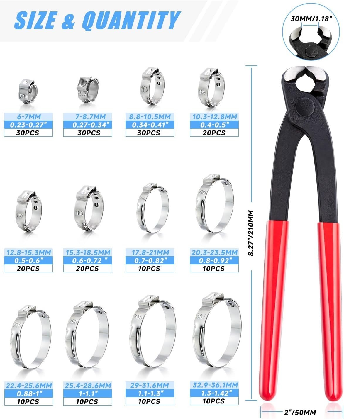 210PCS 304 Stainless Steel Single Ear Hose Clamp Assortment Kit - 12 Sizes (6-36