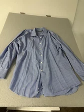 Canali Shirt Mens 44 17.5 Blue White Gingham Check Button Front Made Italy
