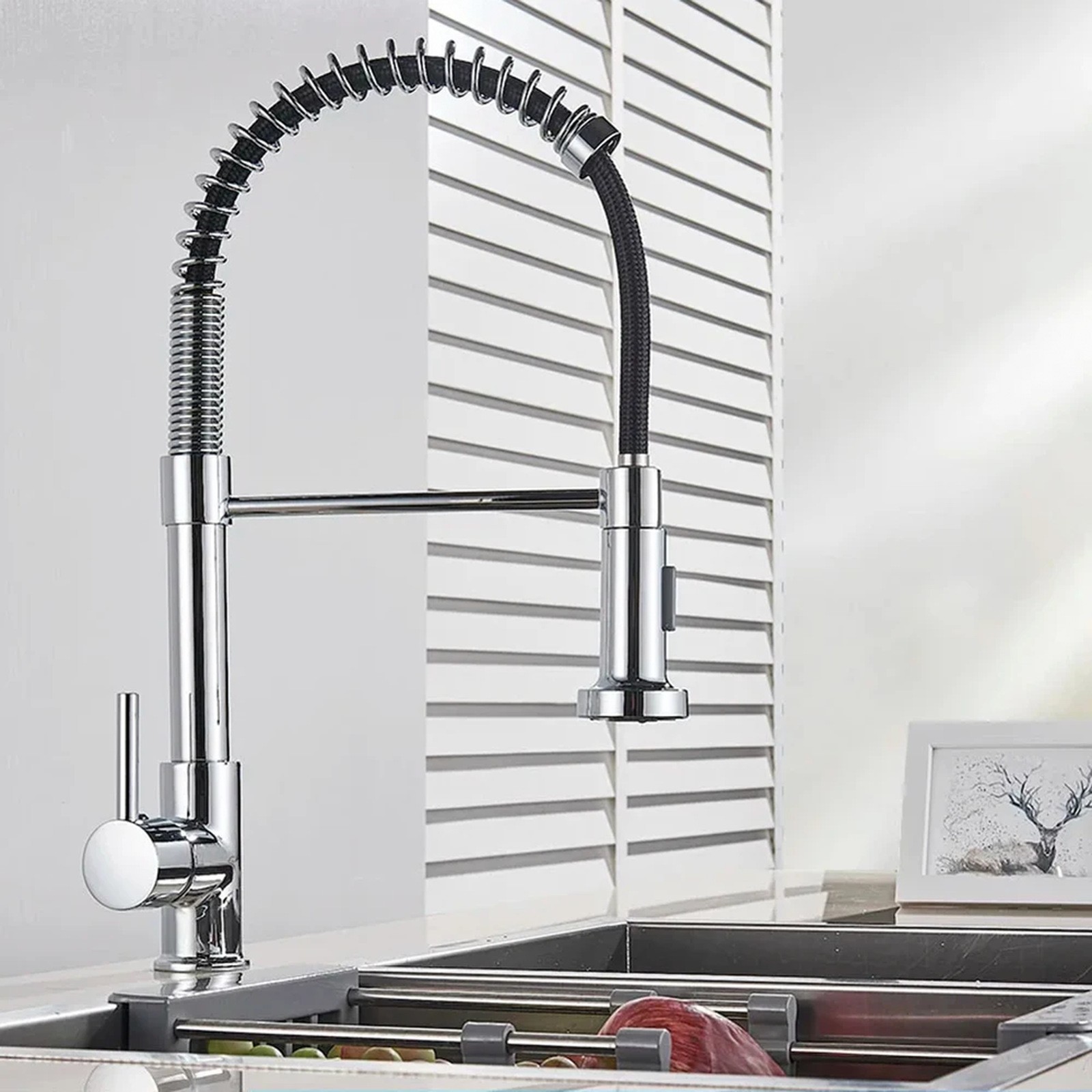 Brushed Nickel Deck-Mounted Kitchen Faucet with Pull-Down Sprayer and 360&deg; Rotat