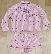 NWT GAP Summer Fridays Relaxed Flannel Pajama PJ Set Pink Hearts Striped Large