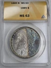 1885 P US Morgan Silver Dollar $1 ANACS MS63 Amazing Blue Toner