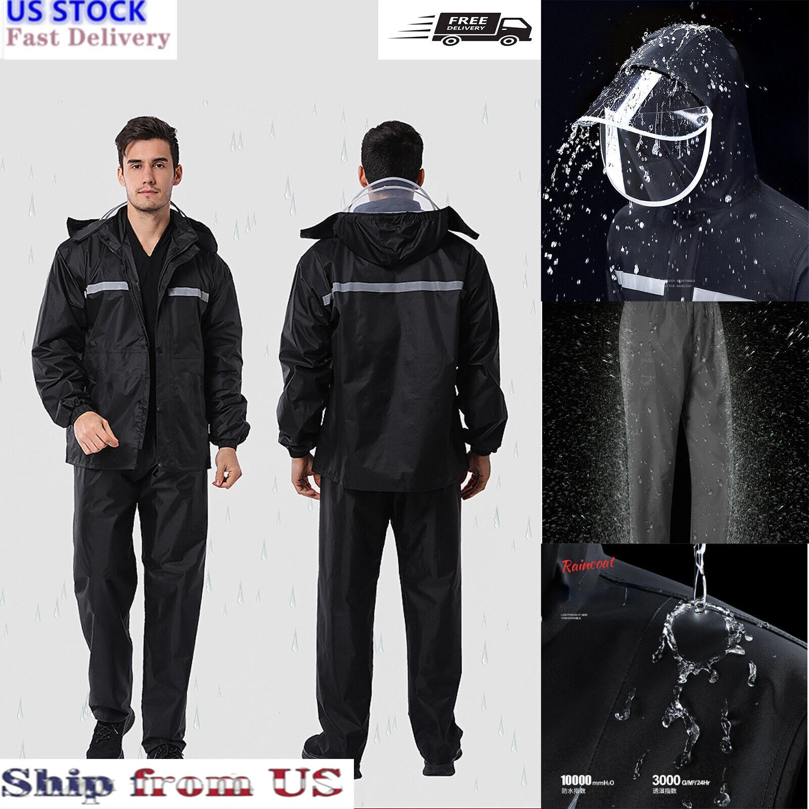 Mens Rain Suits Safety Black Jacket Pants Hooded Waterproof Fishing Raincoat US