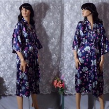 Vintage 80s Floral Robe Size Medium 1980s Retro Blue Purple Elegant Feminine