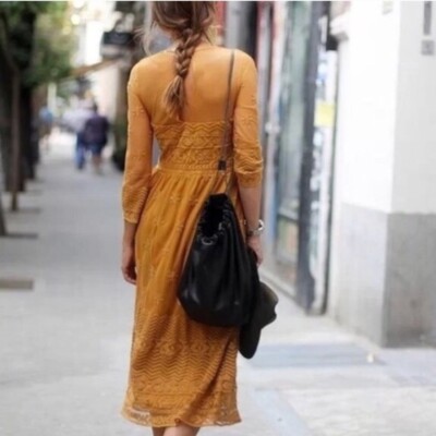 Zara Mustard Yellow Boho Lace Embroidered Midi Dress Small UK 8 | eBay