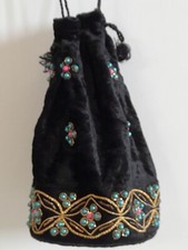 Vintage Borsa a Tracolla Colore Nero In Velluto Decorazione Turchese Oro
