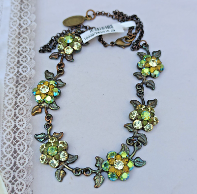 Michal Negrin Necklace Floral Green Light Yellow Shades Crystals