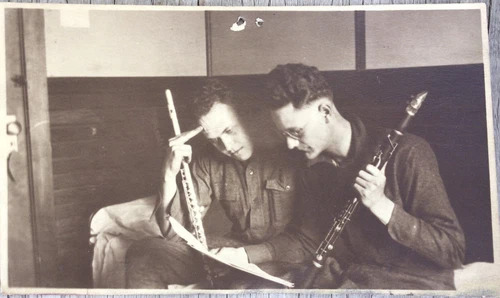 Vintage 1910’s PHOTO WW1 US Soldier Doughboy Two Musicians Clarinet