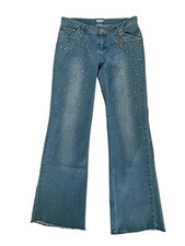 Y2K Cache Light Blue Flare Jeans Raw Hem Rhinestone Chain Pockets Women Size 10