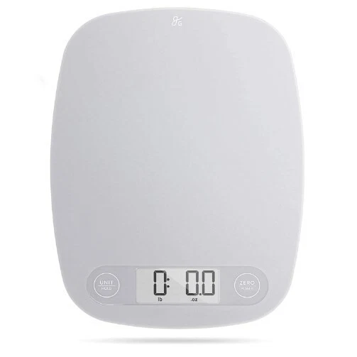 Gray Food Scale - Digital Display Shows Weight in Grams, Ounces, Milliliters, an