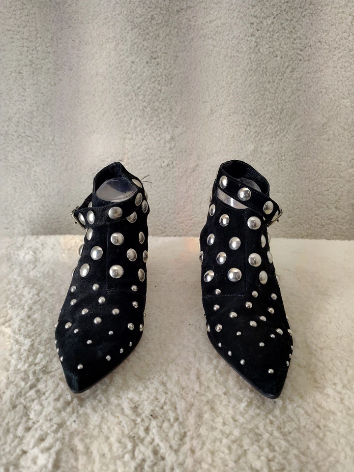 TopShop Mujeres Tacones 38 Negro Gamuza Tachonado Punta Envoltura Bloque Botines Zapatos Foto 2 de 4