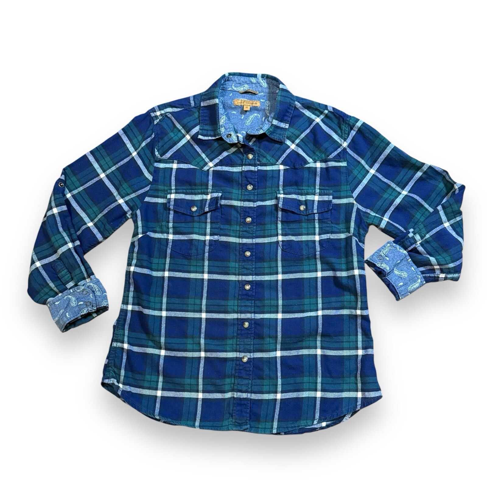 Women’s Medium Blue Green Plaid Flannel Shirt Comfort Stretch Jachs Girlfriend Fit