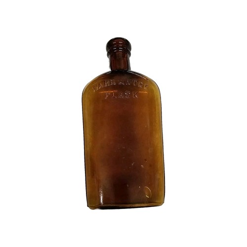 Antique Amber Glass Warranted Strap Flask Bottle Cork #230 On Bottom - Imagen 8 de 8