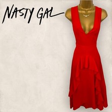 Nasty Gal Womens Lipstick Red Frill Detail Cross Back Midi Dress UK 6