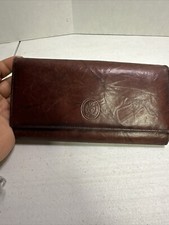 Vtg Etch 2 Prym Top Grain Red Burgundy Leather Wallet Coin Purse 7.5"x4.5"