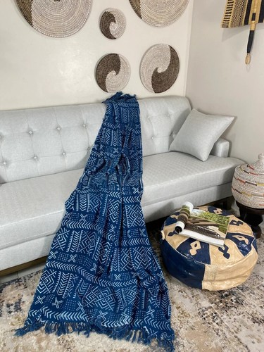 Lolo Blue Handmade Mudcloth Segou Blanket Bogolan Textile Bedsheet Boho Decor - Picture 7 of 10