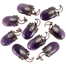 Bronze 6pcs Natural Amethyst Stone Moon Pendant Bead Energy Reiki Healing Amulet