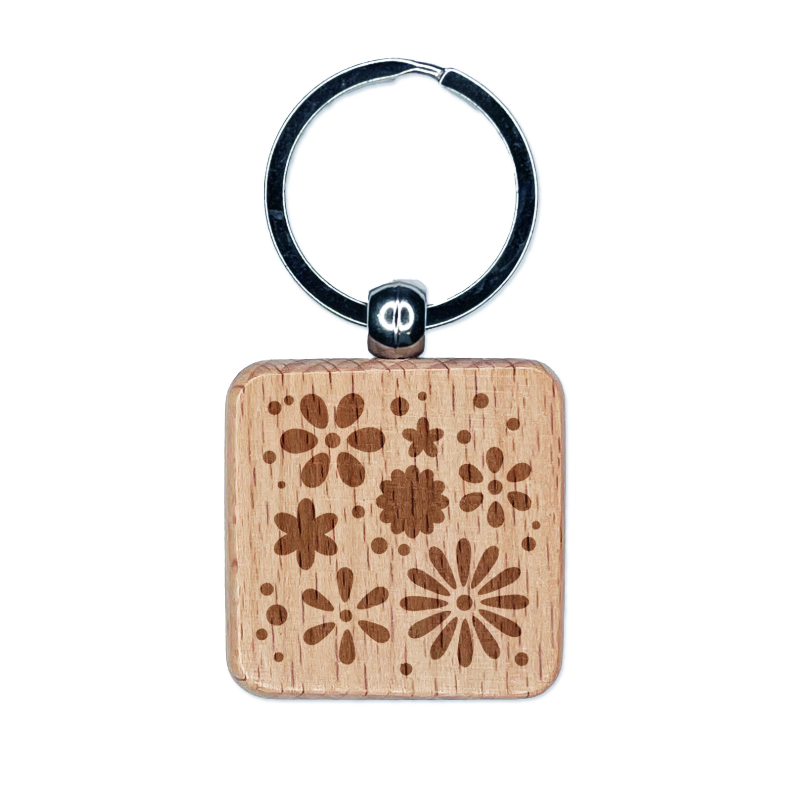Sweet Geometric Floral Engraved Wood Keychain
